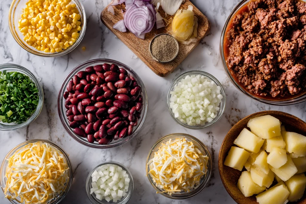 creamy cowboy soup ingredients arranged in bowls on marble counter
