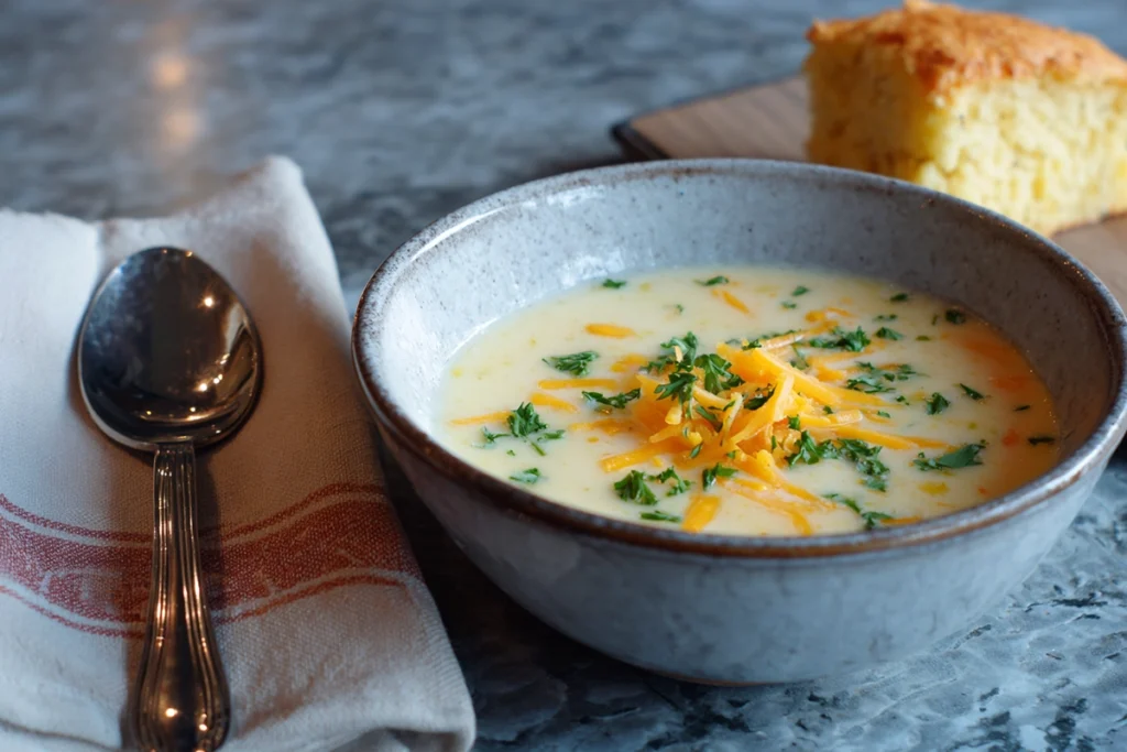 creamy cowboy soup garnished with herbs and served with cornbread