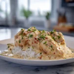 Photorealistic image of creamy smothered chicken and rice plated in a modern kitchen with bright natural lighting and visible steam.