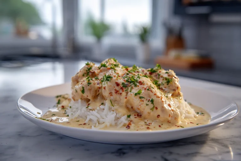 Photorealistic image of creamy smothered chicken and rice plated in a modern kitchen with bright natural lighting and visible steam.