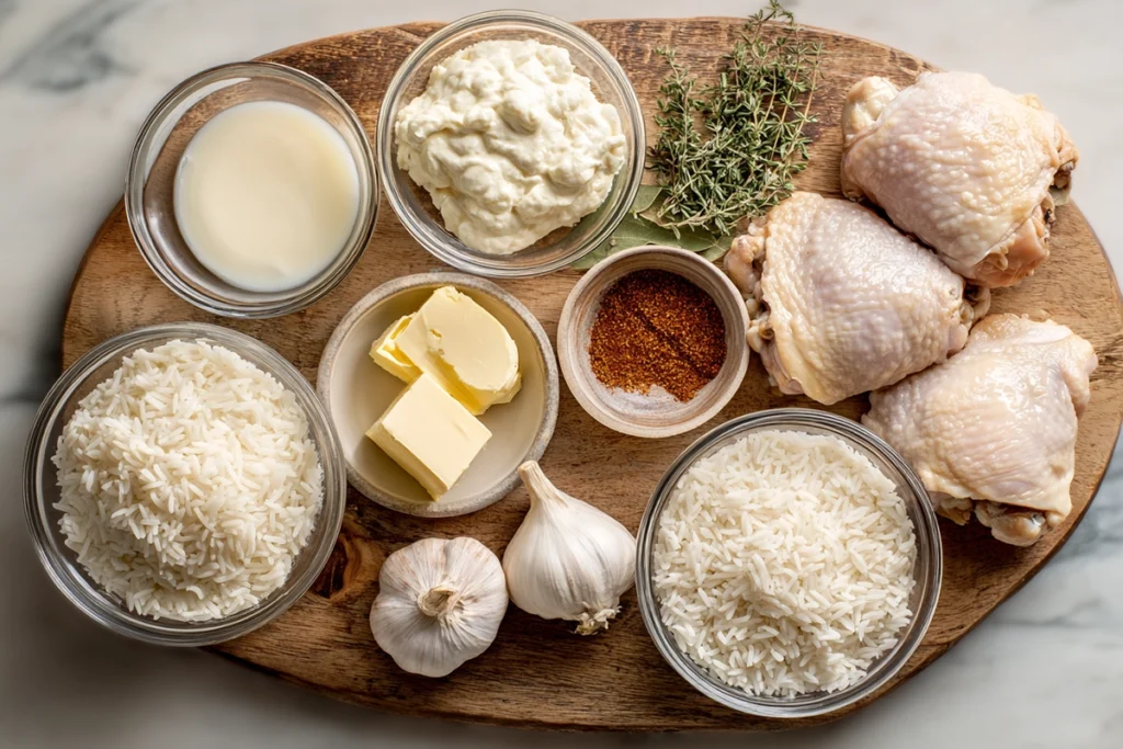 Overhead view of creamy smothered chicken and rice ingredients neatly arranged on a kitchen counter with bright natural lighting.