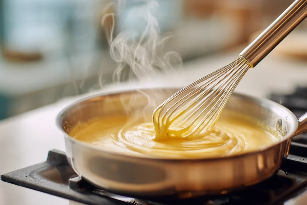 Close-up of creamy sauce being whisked for creamy smothered chicken and rice in a skillet with natural light and steam.