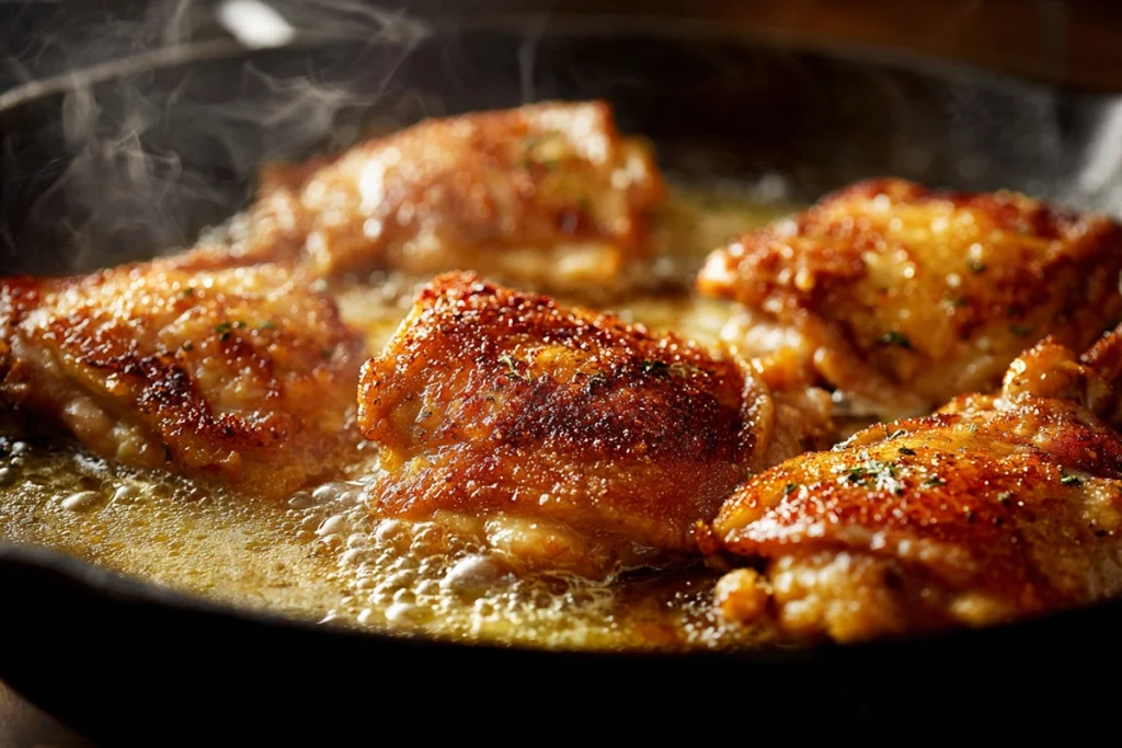 Close-up of golden seared chicken thighs cooking for creamy smothered chicken and rice in natural daylight.
