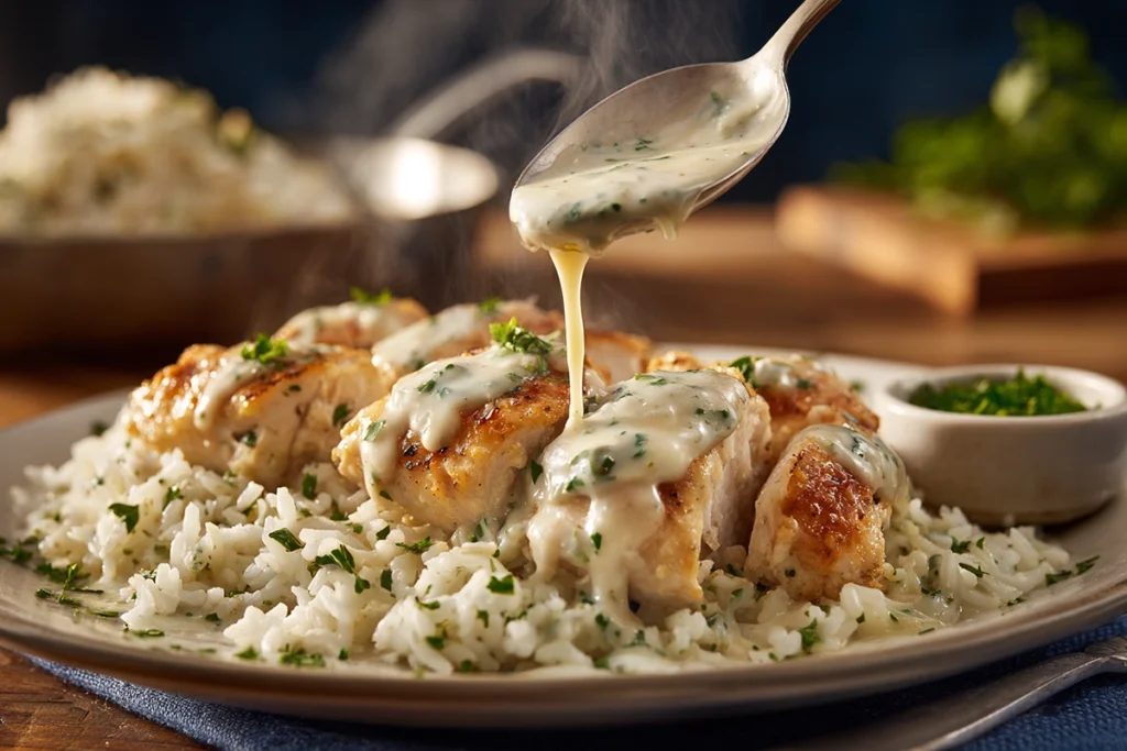 Serving shot of creamy smothered chicken and rice with sauce being spooned over chicken in bright, natural kitchen light.
