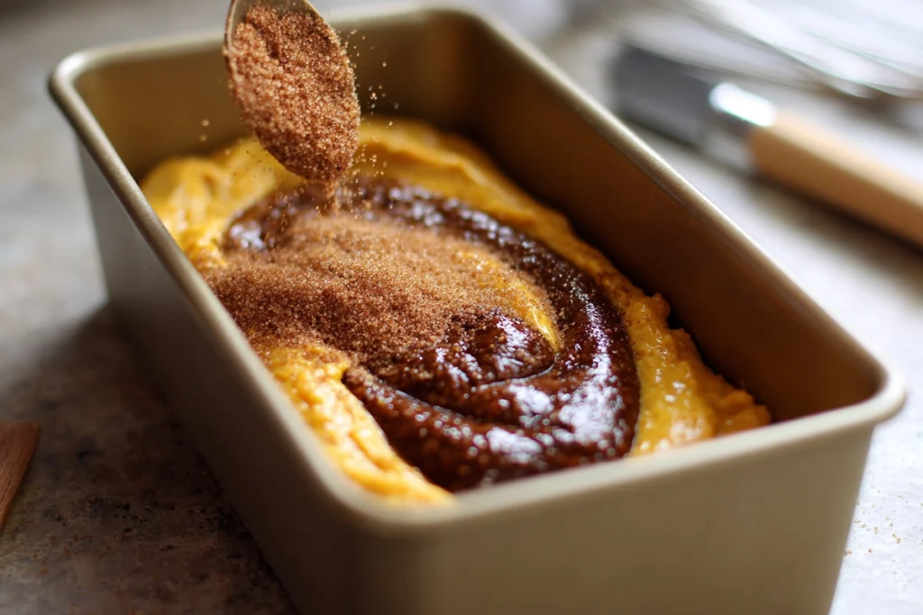 Cozy Cinnamon Swirl Pumpkin Bread Minis – Your Perfect Fall Treat 9 close-up of cinnamon sugar swirl being added to pumpkin bread mini loaf batter