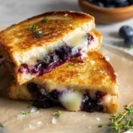 Close-up of crispy blueberry grilled cheese sandwich with melted cheese and blueberries on a white plate