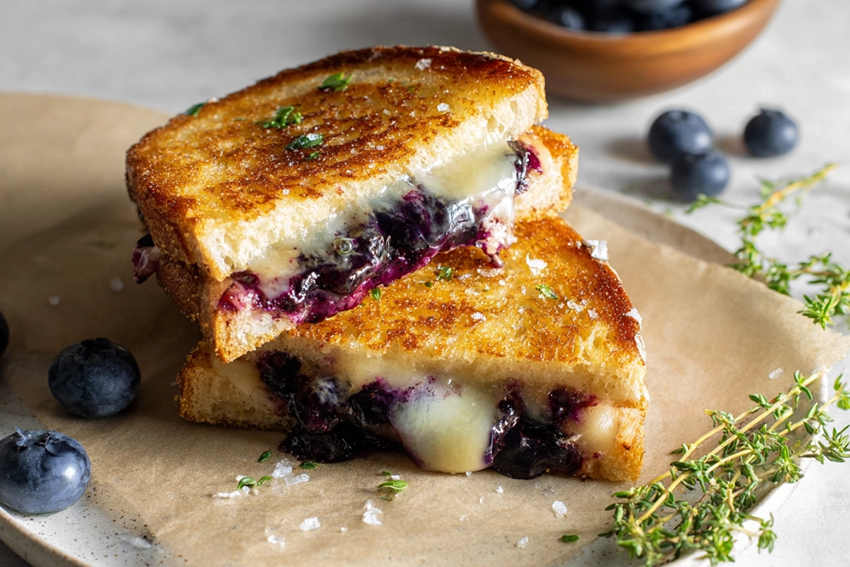 Close-up of crispy blueberry grilled cheese sandwich with melted cheese and blueberries on a white plate