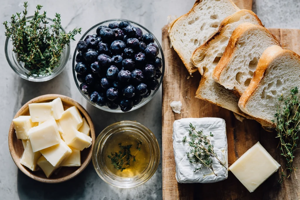 Overhead view of fresh blueberries, brie, sourdough, butter, and honey for crispy blueberry grilled cheese