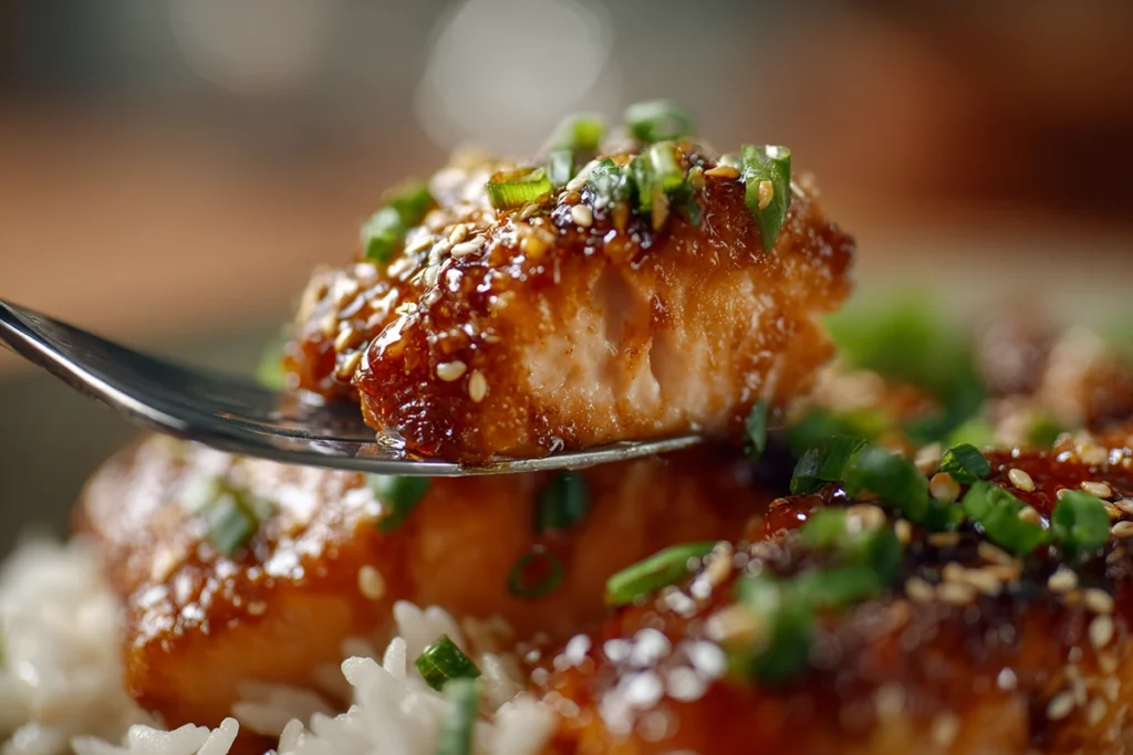 close-up of crispy salmon and rice bowl showing golden crust and glaze details