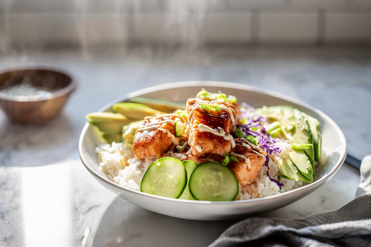 crispy salmon and rice bowl served on a modern plate in bright kitchen setting
