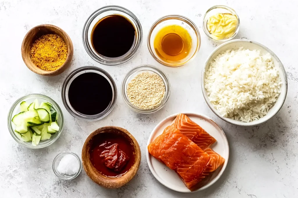 ingredients for crispy salmon and rice bowl arranged on a marble counter in natural light