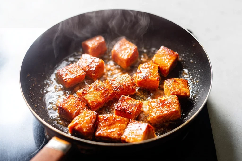 salmon cubes being pan-seared to golden crisp for crispy salmon and rice bowl
