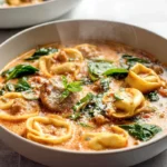 bowl of creamy crockpot tortellini soup with sausage and spinach in modern kitchen