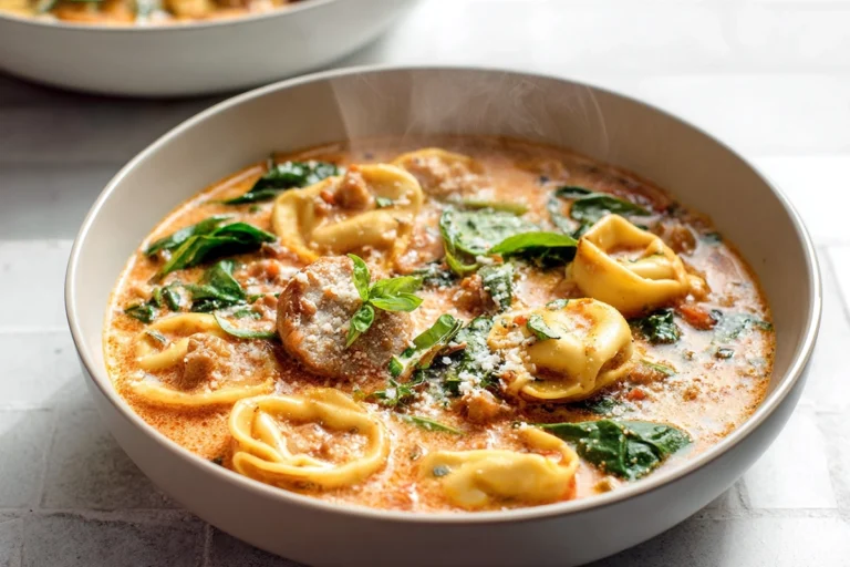 bowl of creamy crockpot tortellini soup with sausage and spinach in modern kitchen