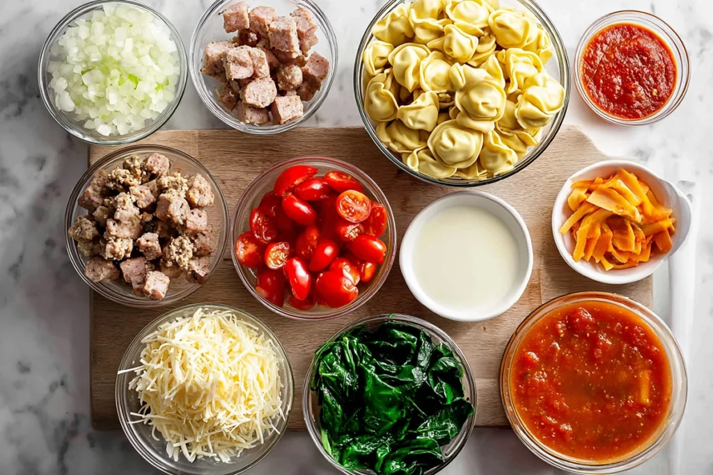 overhead view of ingredients for crockpot tortellini soup with sausage arranged neatly on a wooden board