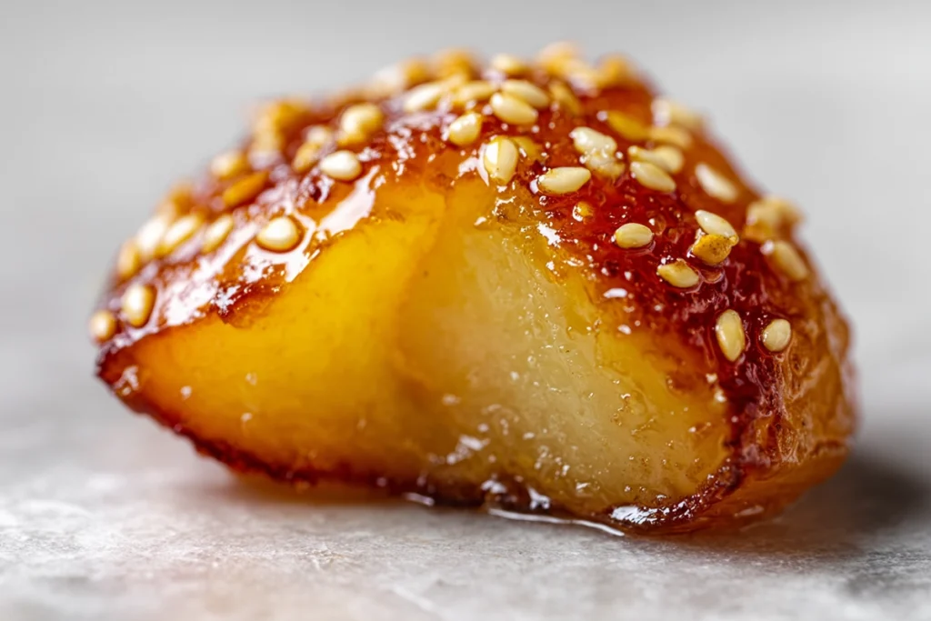 macro close-up of Daigaku Imo showing glossy caramel glaze and sesame seed texture