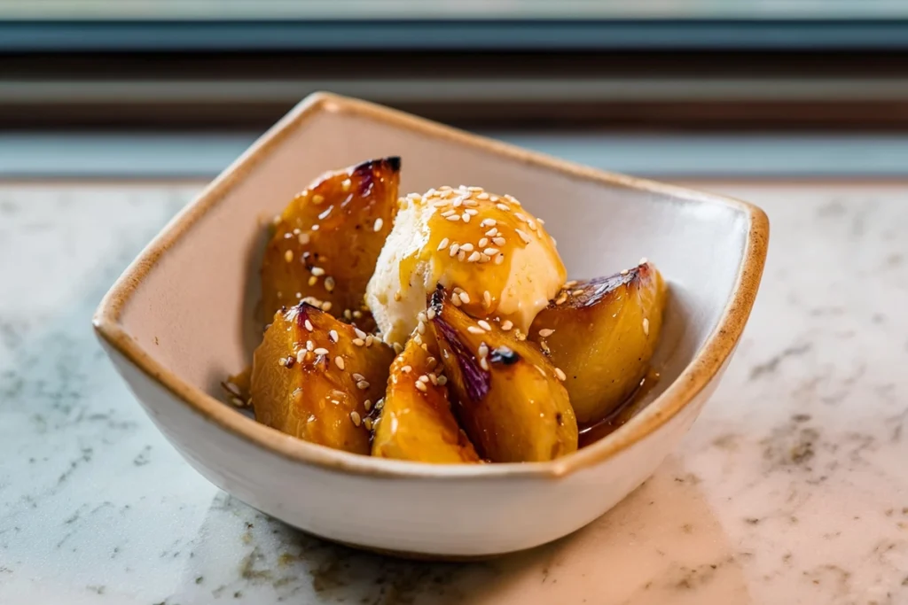 Japanese Daigaku Imo sweet potato dessert served with vanilla ice cream and sesame garnish