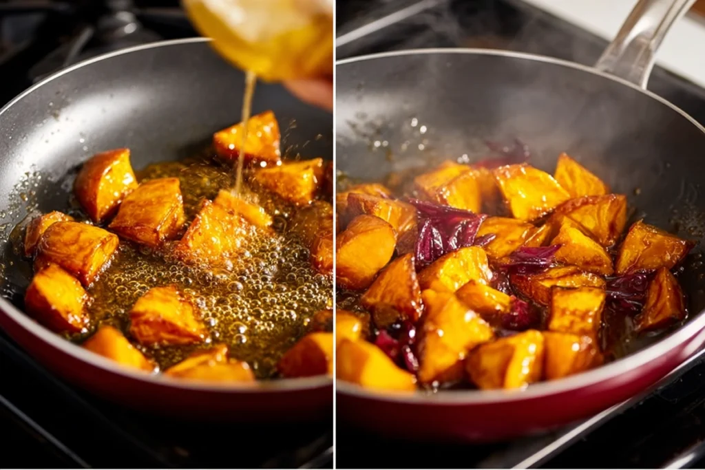 close-up of Daigaku Imo sweet potatoes being glazed in caramel syrup under natural daylight