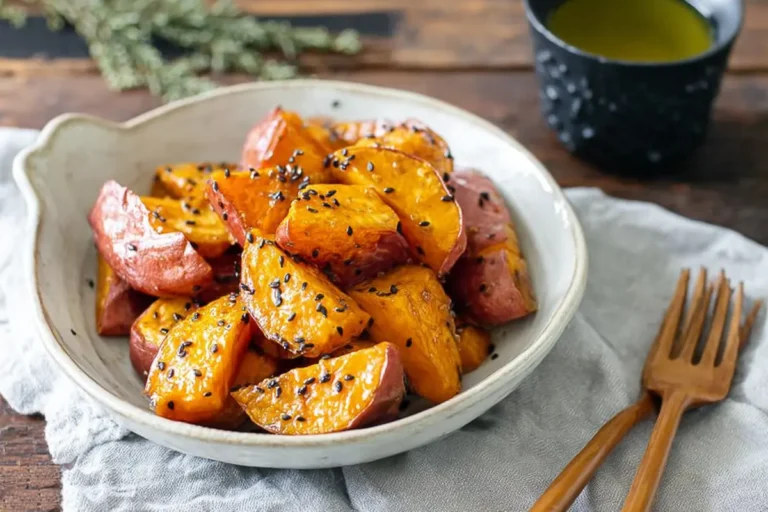 Chef Taha Ayad's Recipe Daigaku Imo with glossy Japanese candied sweet potatoes in a ceramic bowl