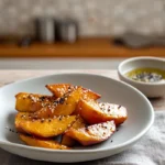 photorealistic Daigaku Imo Japanese candied sweet potatoes served on modern plate with sesame garnish