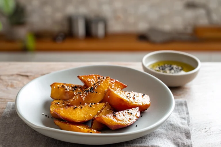 photorealistic Daigaku Imo Japanese candied sweet potatoes served on modern plate with sesame garnish