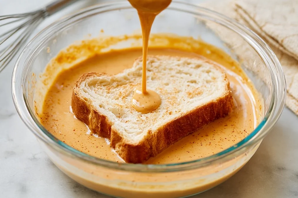 slice of brioche bread dipped into pumpkin custard mixture for 6 ingredient pumpkin french toast