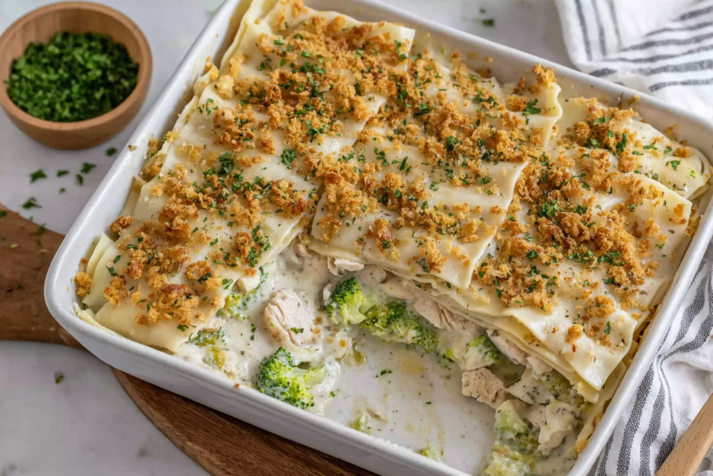 Freshly baked Dolly’s chicken and stuffing casserole in a white baking dish with a golden stuffing topping