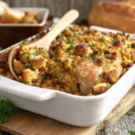 Chef Taha Ayad's Recipe Dolly’s Chicken and Stuffing Casserole baked in a white casserole dish on a rustic wooden table