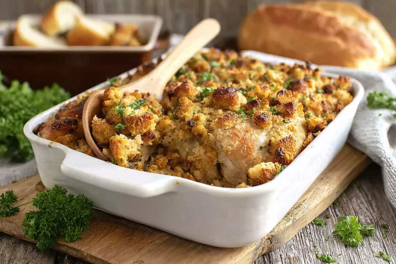 Chef Taha Ayad's Recipe Dolly’s Chicken and Stuffing Casserole baked in a white casserole dish on a rustic wooden table