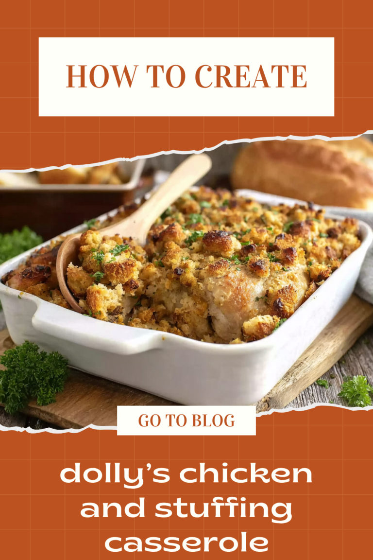 Pinterest pin for Dolly’s chicken and stuffing casserole recipe with a baked casserole dish and text overlay
