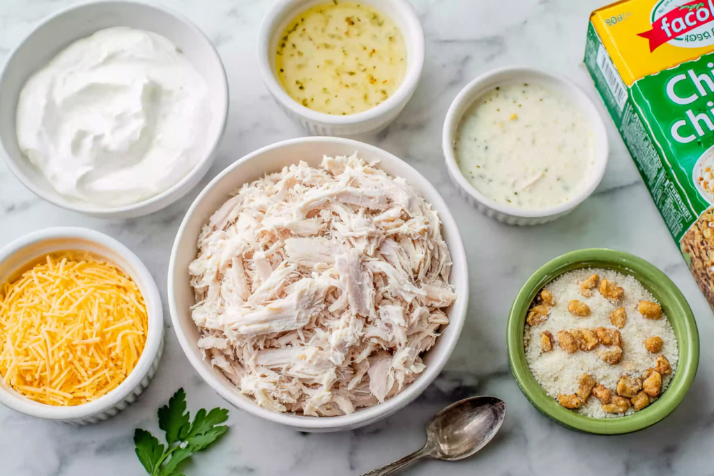 Ingredients for Dolly’s chicken and stuffing casserole arranged in bowls on a marble countertop
