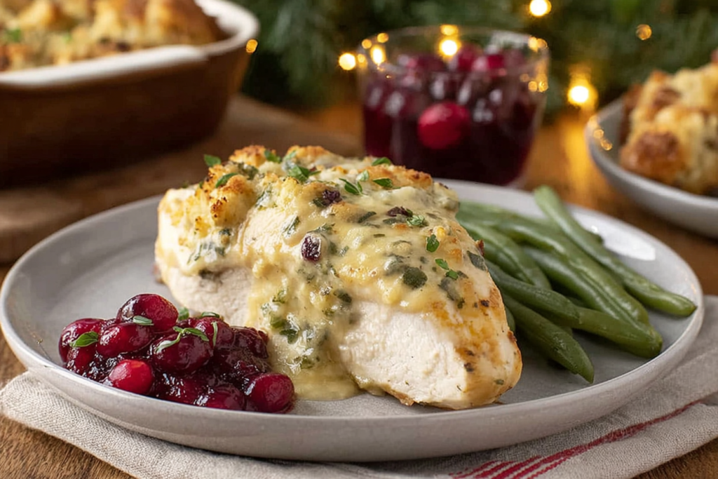 Plated Dolly’s chicken and stuffing casserole served with green beans for dinner