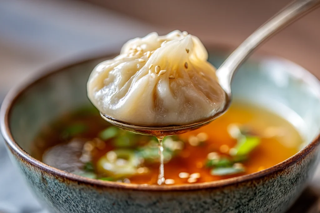 Close-up of a dumpling from dumpling soup lifted in spoon with broth and scallions in background.