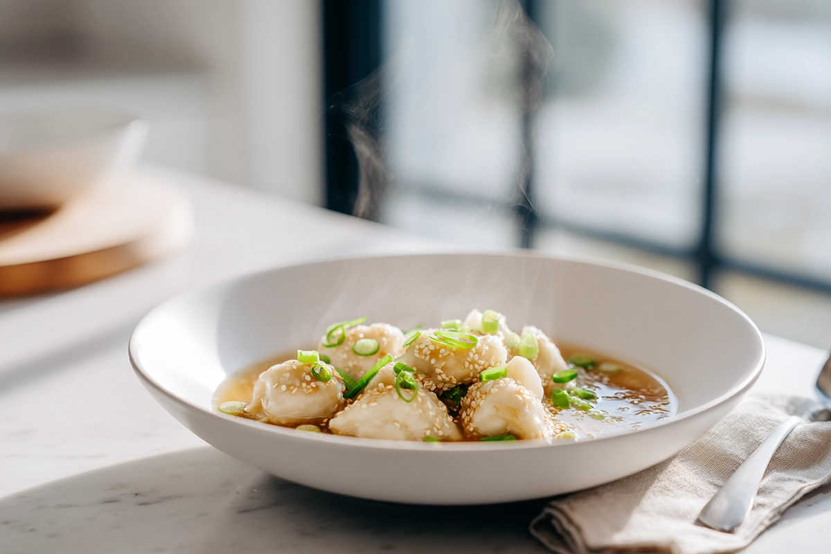 Photorealistic bowl of dumpling soup with steaming broth, dumplings, and green onions on a marble counter in a modern kitchen.