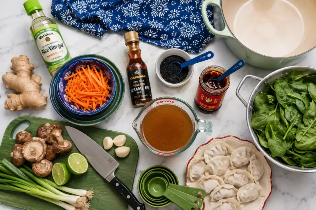 Dumpling Soup ingredients with frozen dumplings, mushrooms, spinach, ginger, carrots, and vegetable broth