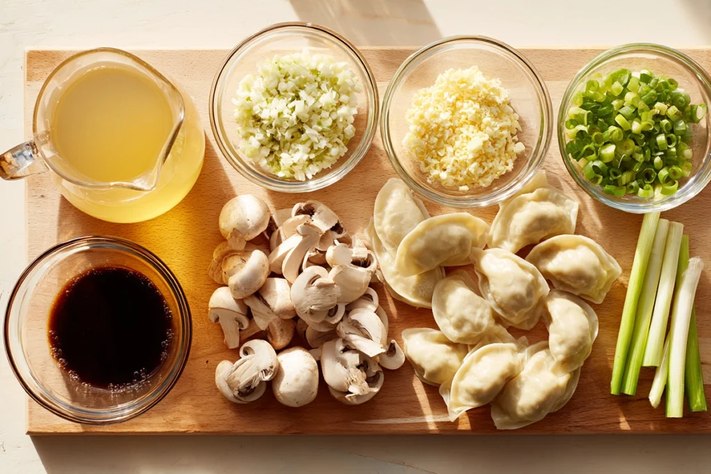 Overhead shot of fresh dumpling soup ingredients including dumplings, vegetables, and broth on a wooden board