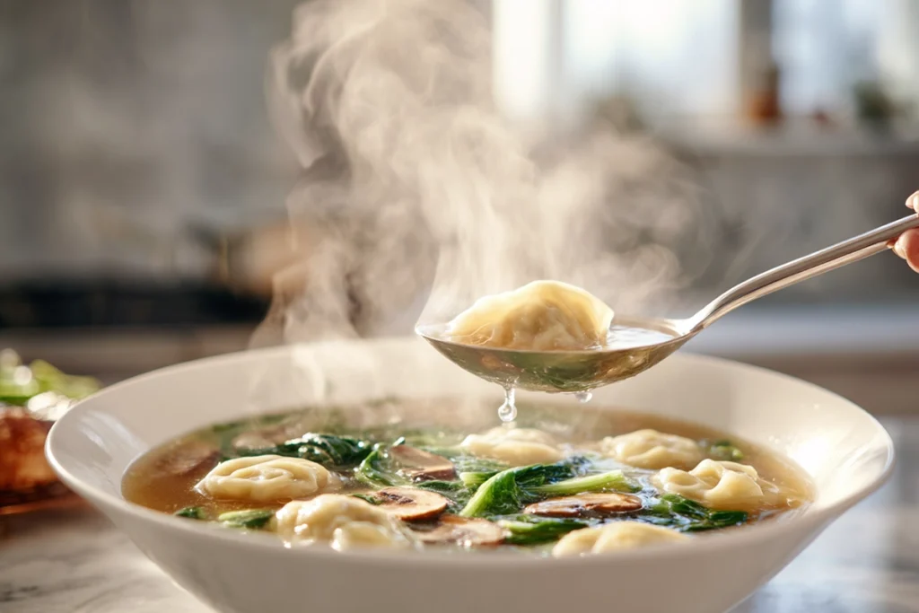 Ladling hot dumpling soup with vegetables and dumplings into a white bowl in a bright modern kitchen