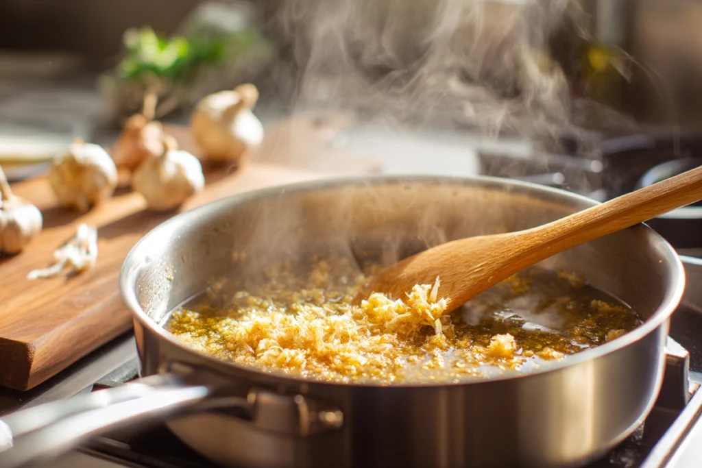 Close-up of sautéing aromatics for dumpling soup with garlic, ginger, and scallions in a stainless pot