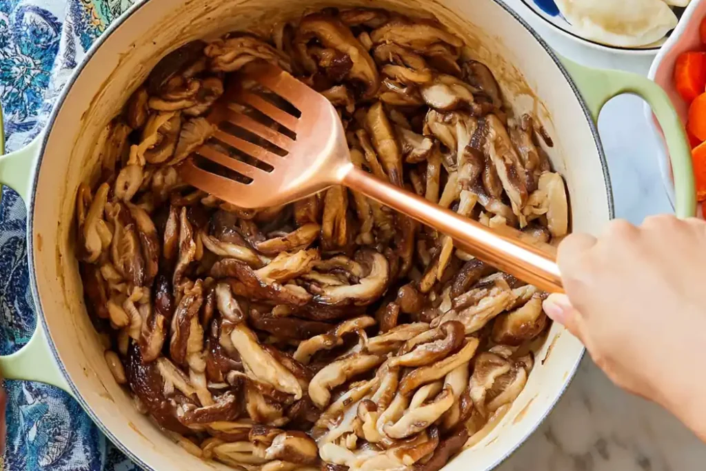 Shiitake mushrooms sautéing in an enameled pot for Dumpling Soup
