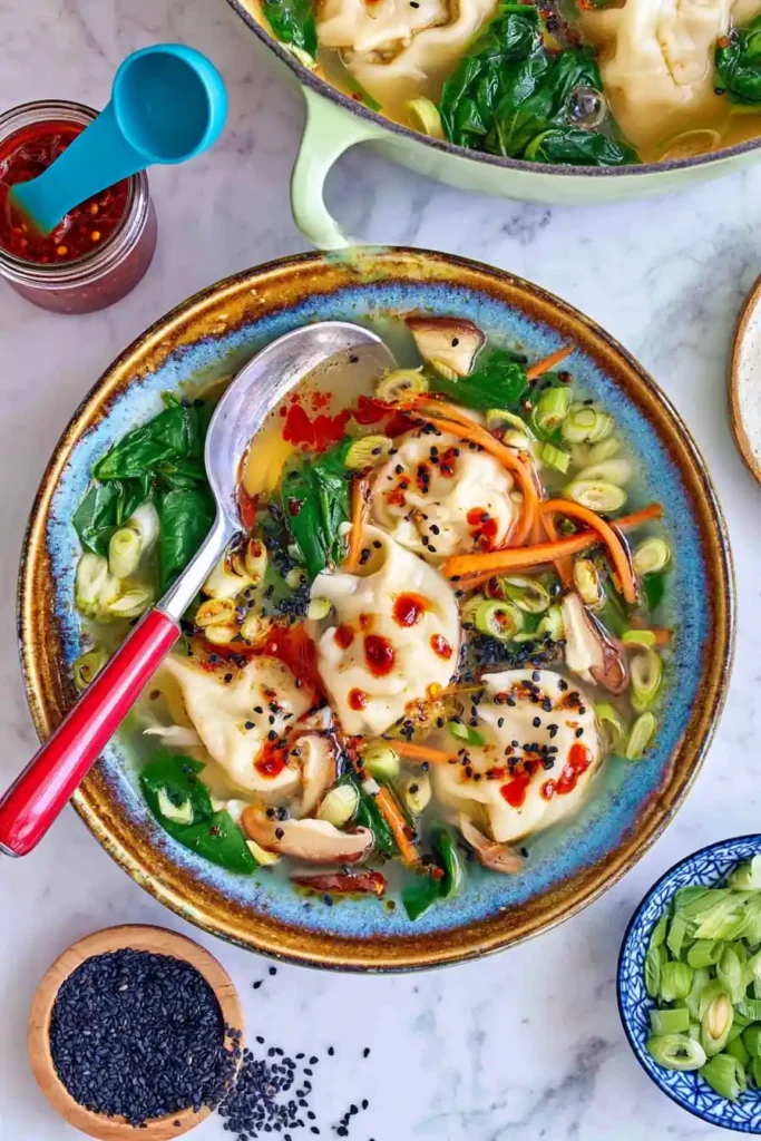 Dumpling Soup served with mushrooms, spinach, scallions, sesame seeds, and chili crisp