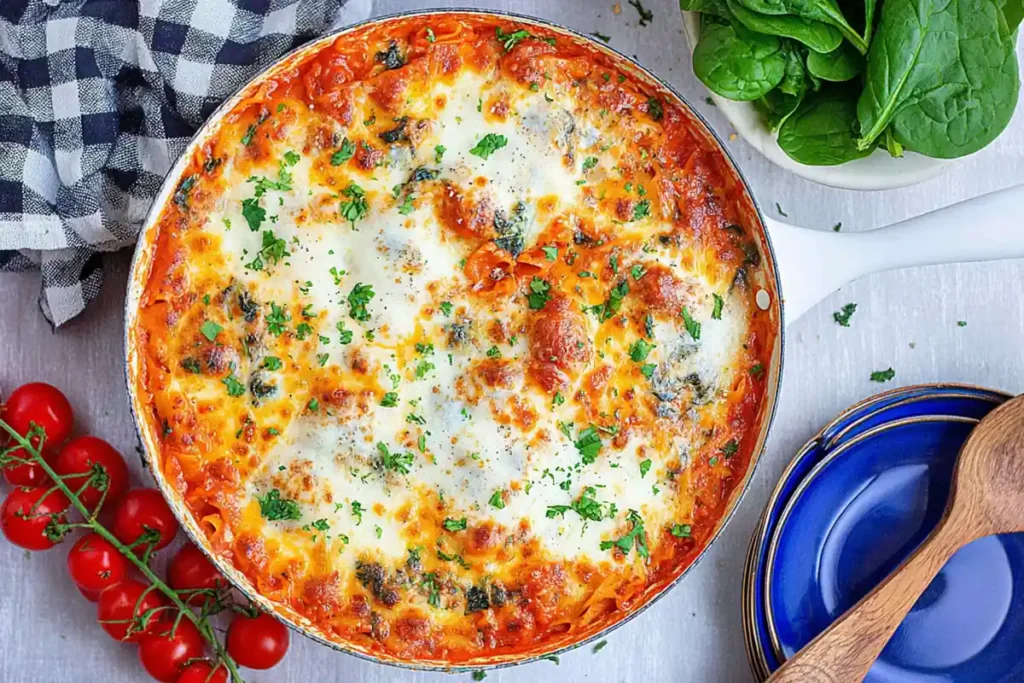 Easy Baked Tortellini Casserole for a Cozy Weeknight Dinner 37 Finished easy baked tortellini casserole with melted mozzarella in an oven-safe skillet