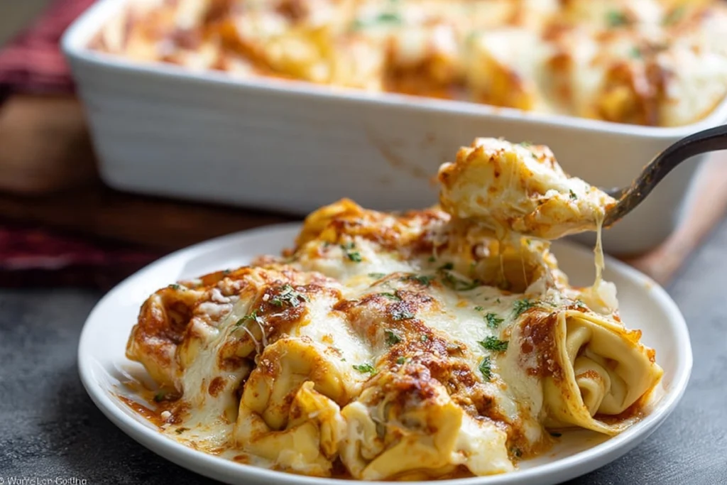 Close-up of easy baked tortellini casserole served on a white plate with melted cheese and herbs