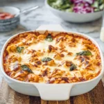 Easy baked tortellini casserole with melted cheese and basil garnish on a modern kitchen counter