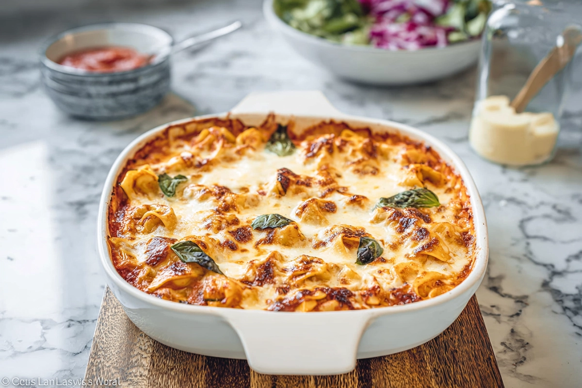 Easy baked tortellini casserole with melted cheese and basil garnish on a modern kitchen counter