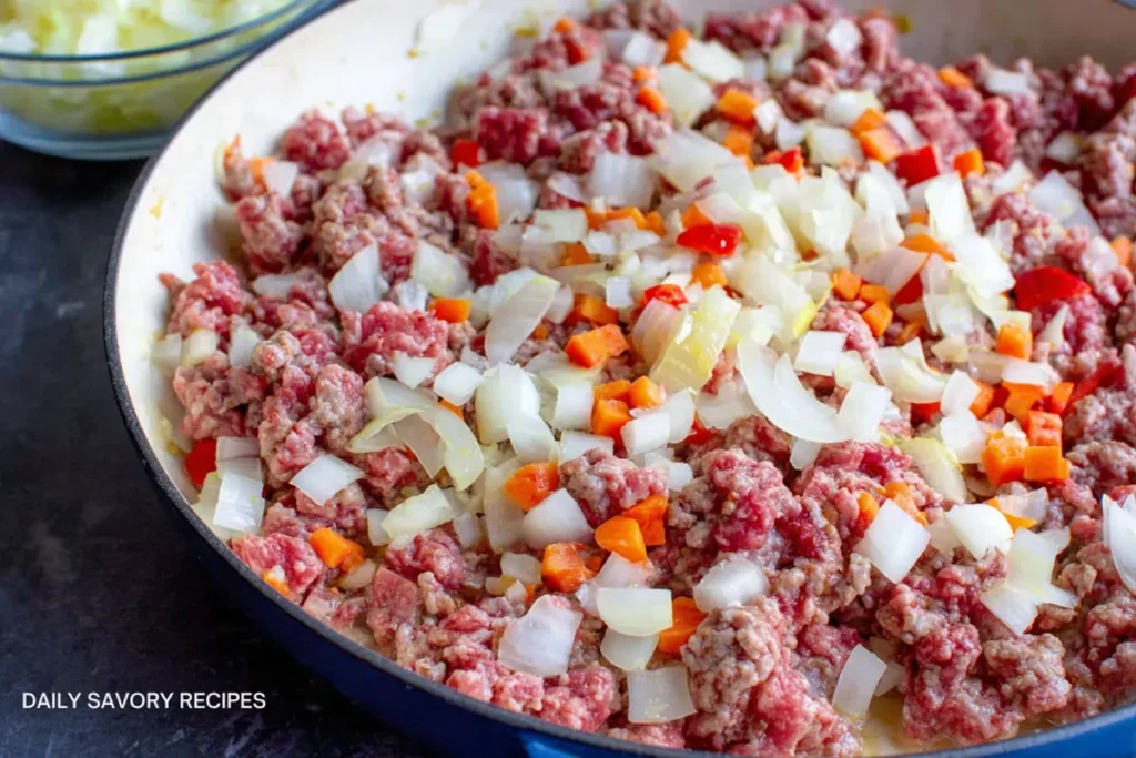 Easy Baked Tortellini Casserole for a Cozy Weeknight Dinner 34 Italian sausage onion carrot and garlic cooking for easy baked tortellini casserole