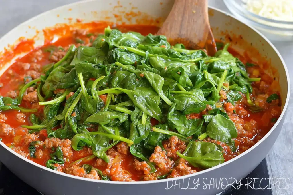 Easy Baked Tortellini Casserole for a Cozy Weeknight Dinner 35 Spinach and marinara sauce added to Italian sausage for easy baked tortellini casserole