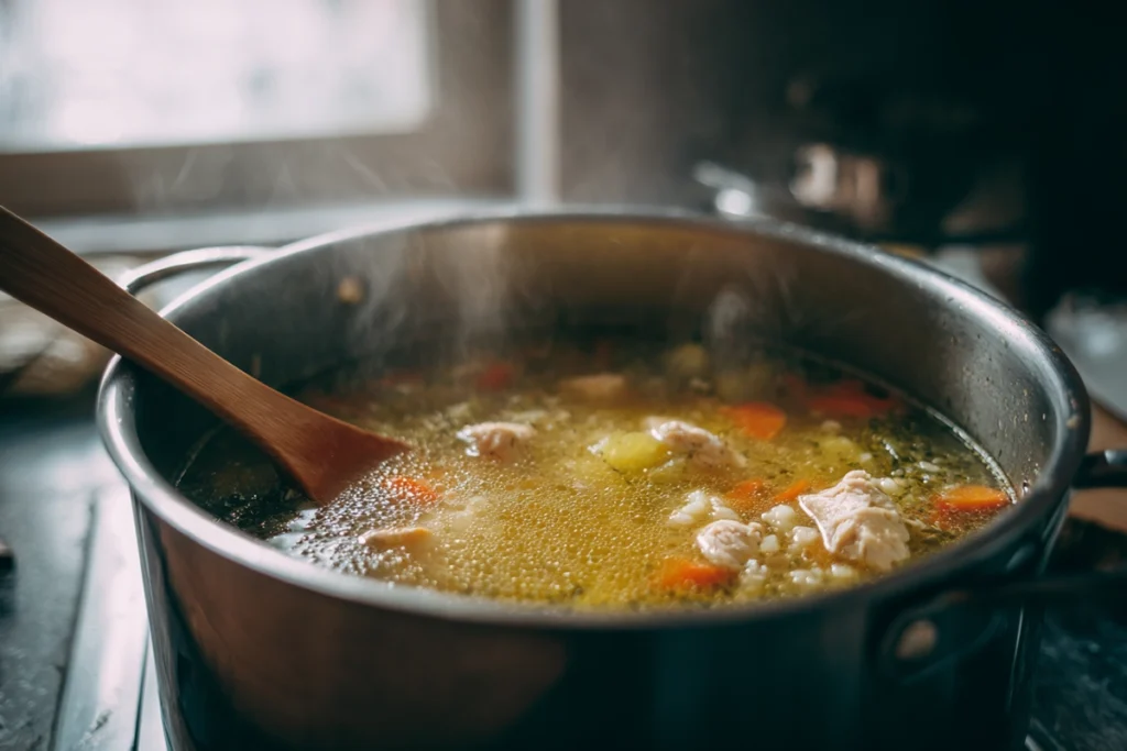 pot of easy chicken and rice soup simmering with steam rising on a modern stovetop