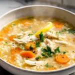 close-up of easy chicken and rice soup in a white bowl on a modern kitchen counter