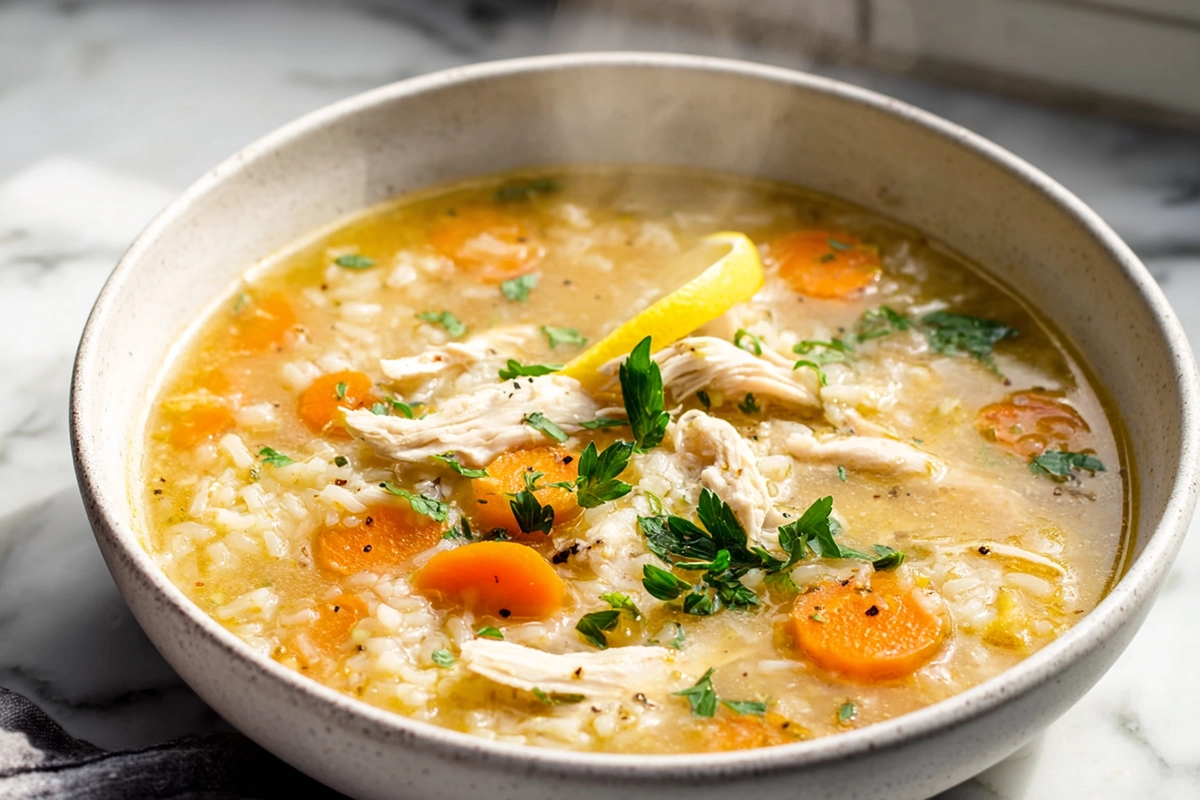 close-up of easy chicken and rice soup in a white bowl on a modern kitchen counter