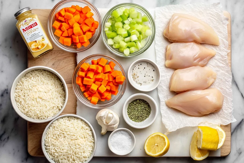 overhead view of ingredients for easy chicken and rice soup arranged on a wooden board
